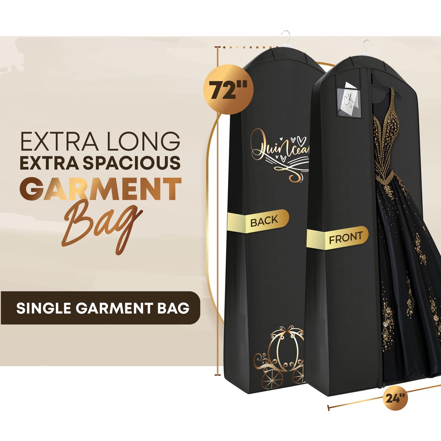 Your Bags Quinceanera Dress Garment Bag - Garment Bags for Hanging Gowns or Storage Preservation - 72" Quinceanera Storage Bag for Gowns with 20" Gusset for Puffy Quinceanera Gowns - Black/Gold