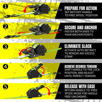 Fortexus Retractable Ratchet Straps,1'' x 12' Tie Downs Automatic Retractable Ratchet Straps 1760lb Break Strength for Trailer,Motorcycle,Scooter,Pickup Truck,UTV,Kayak(Neon Green,4 Pack)