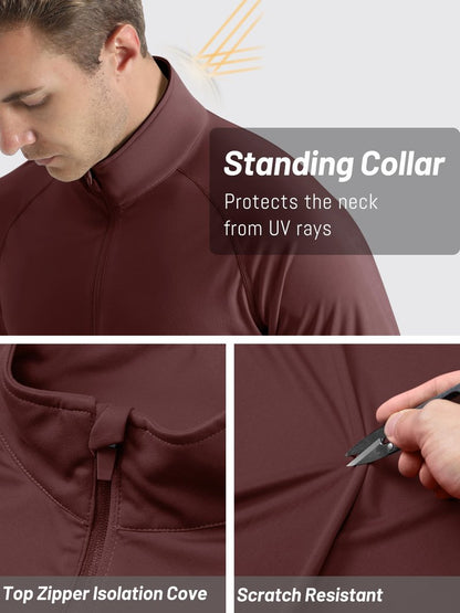 TACVASEN Mens Long Sleeve Quarter Zip Pullover Shirts Rash Guard Quick Dry Running for Men Sun Protection Swimming T-Shirts Wine Red
