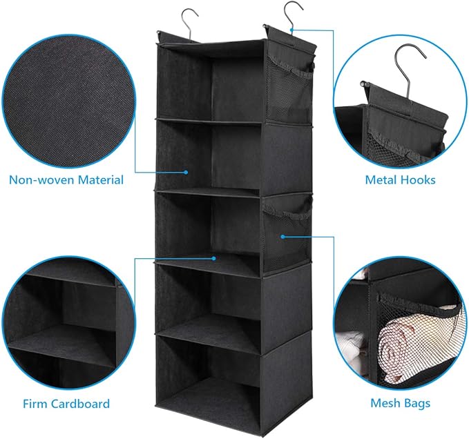 MAX Houser 5-Shelf Hanging Closet Organizer, Space Saver, Cloth Hanging Shelves