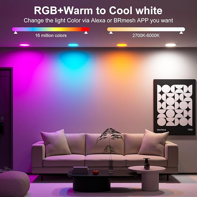 Smart Recessed Lighting 4 Inch RGBCW Color Changing 12W LED Recessed Ceiling Lights with Junction Box,1080LM Canless Downlight Compatible with Alexa,Dimmable by Bluetooth Control (6 Pack)