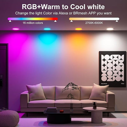 Smart Recessed Lighting 4 Inch RGBCW Color Changing 12W LED Recessed Ceiling Lights with Junction Box,1080LM Canless Downlight Compatible with Alexa,Dimmable by Bluetooth Control (1 Pack)