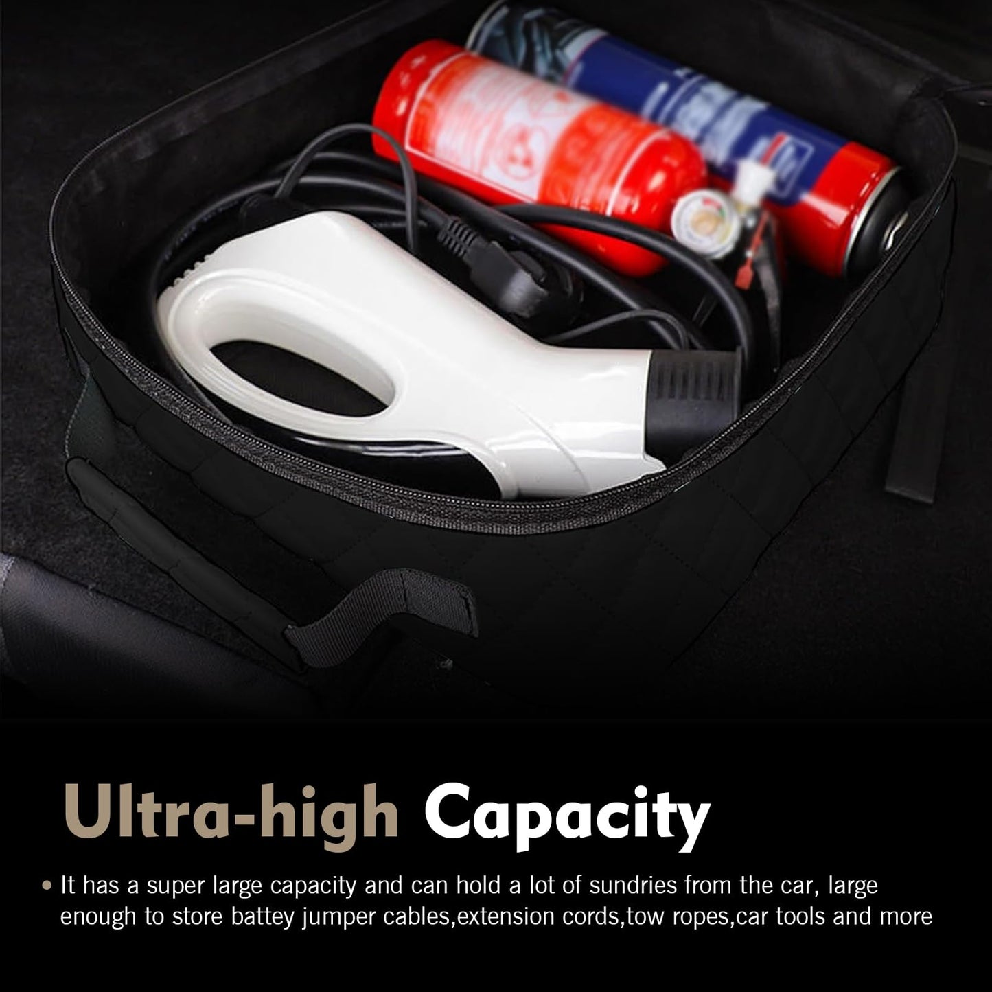 Foelony Car Jumper Cable Bag, 12.6In Leather Waterproof Tools Cable Bag, Portable Car Trunk Storage & Organizer for EV Charging Cord, Hoses, Universal for Road Trip Garage