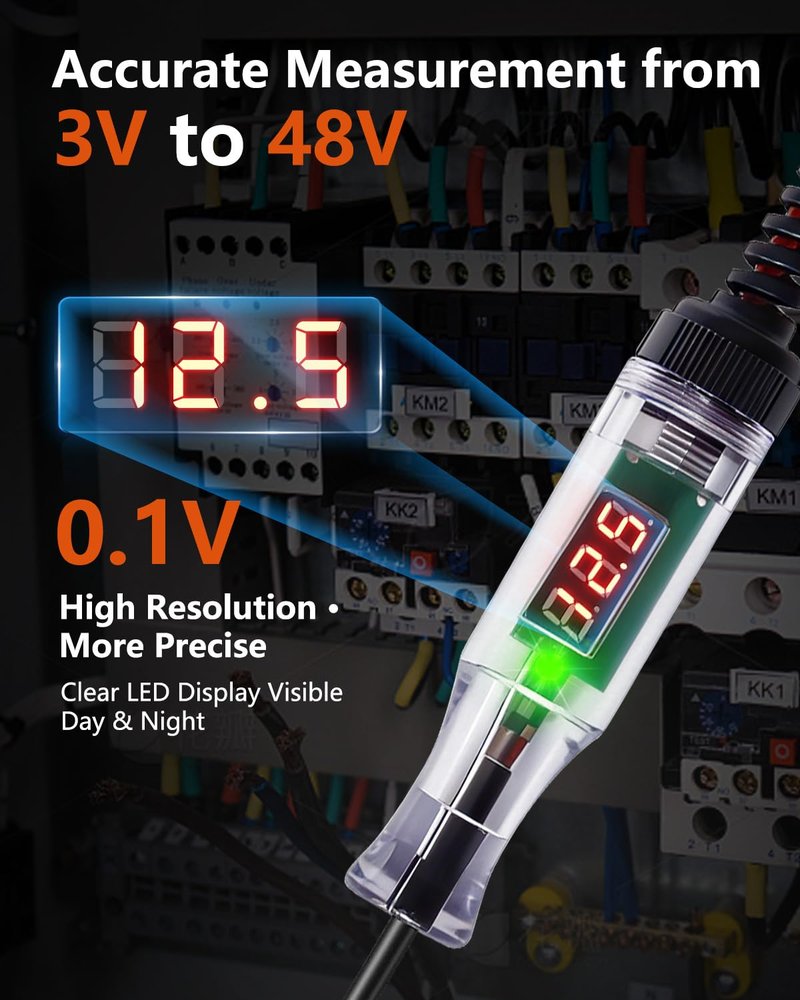 Automotive Test Light 3-48V Digital LED Voltage Tester, Car Circuit Tester with Polarity Indicator, 87" Spring Cable & Stainless Steel Probe for Car RV Truck Fuse Battery Detection