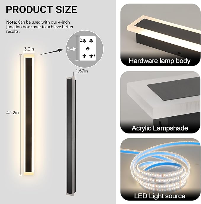 Long Outdoor Wall Light, 47 Inch 2pcs Exterior Wall Sconce 3000K-6000K Dimmable IP65 Waterproof LED Modern Exterior Sconce Black Wall Lighting for House Front Door Porch Garage