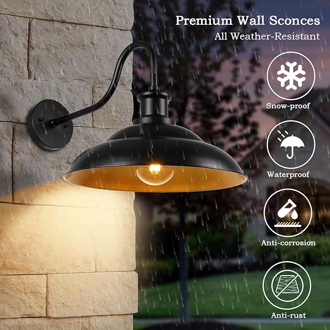 Outdoor Barn Gooseneck Light Fixture, Farmhouse 16 Inch Dome Large Black Exterior Wall Sconce, Industrial Wall Lantern for Porch, House, Garage, Patio, Front, 2 Pack