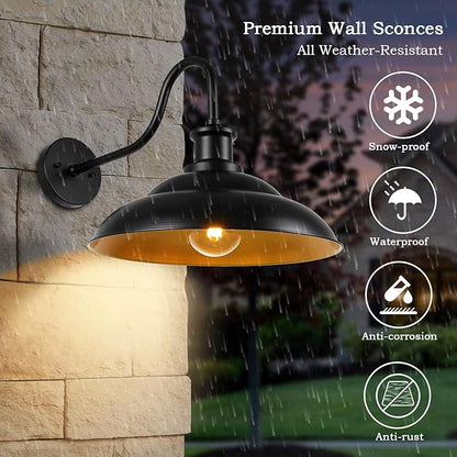 Outdoor Barn Gooseneck Light Fixture, Farmhouse 16 Inch Dome Large Black Exterior Wall Sconce, Industrial Wall Lantern for Porch, House, Garage, Patio, Front, 2 Pack