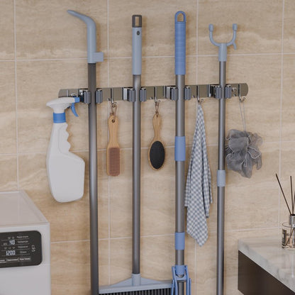 QianRuiDa Mop Broom Holder Wall Mount, 4 Racks 5 Hooks Stainless Steel Storage Organizer for Home, Kitchen, Garden, Laundry room, Garage tool storage