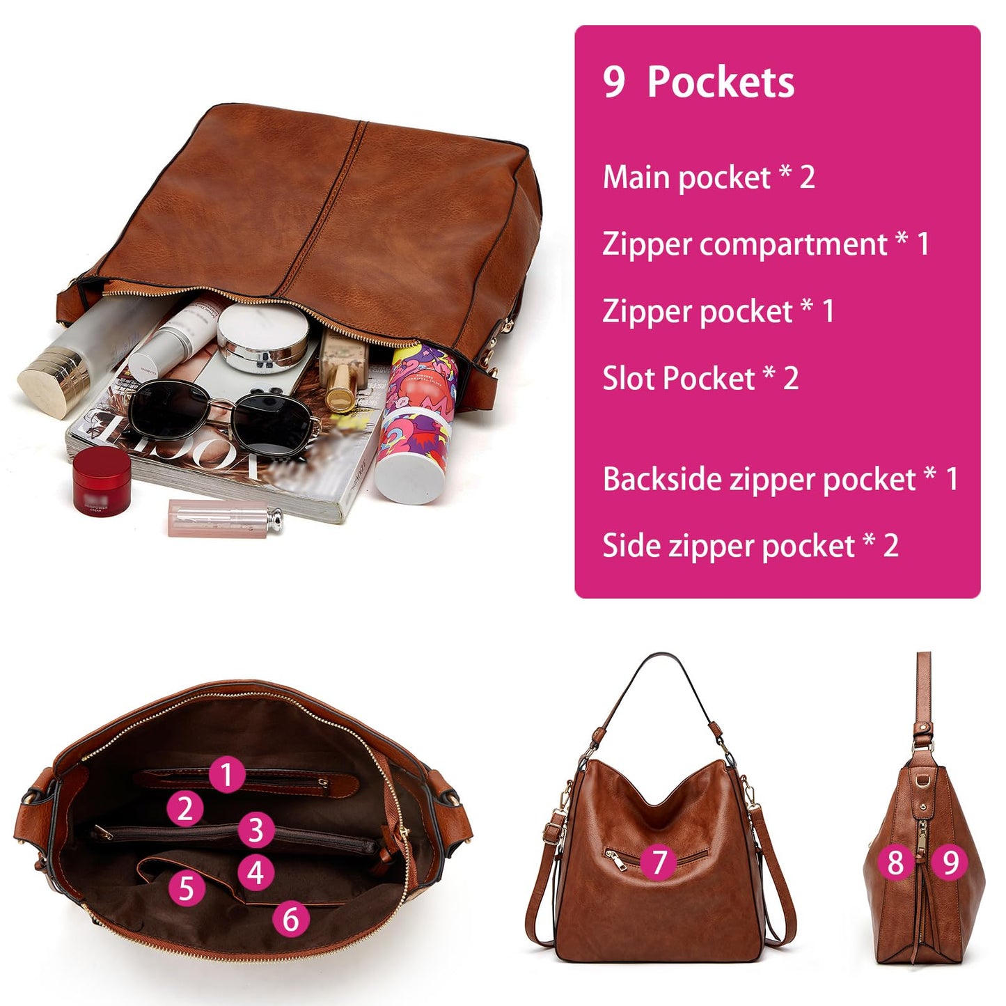 Large Capacity Hobo Tote Bag for Women, Soft Vegan Leather Crossbody Shoulder Handbag, Purse and Wallet Set - Brown