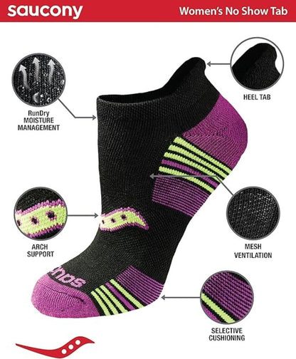 Saucony Women's RunDry Performance 8, 16 Pairs Heel Tab Athletic Socks, S-L, Black Assorted (16 Pairs), Large