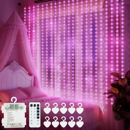 echosari Fairy Curtain Lights Battery Operated, 300 LED Indoor Curtain Lights 9.8 x 9.8Ft with Timer Hooks for Children' s Bedroom Wedding Backdrop Decor (Pink)