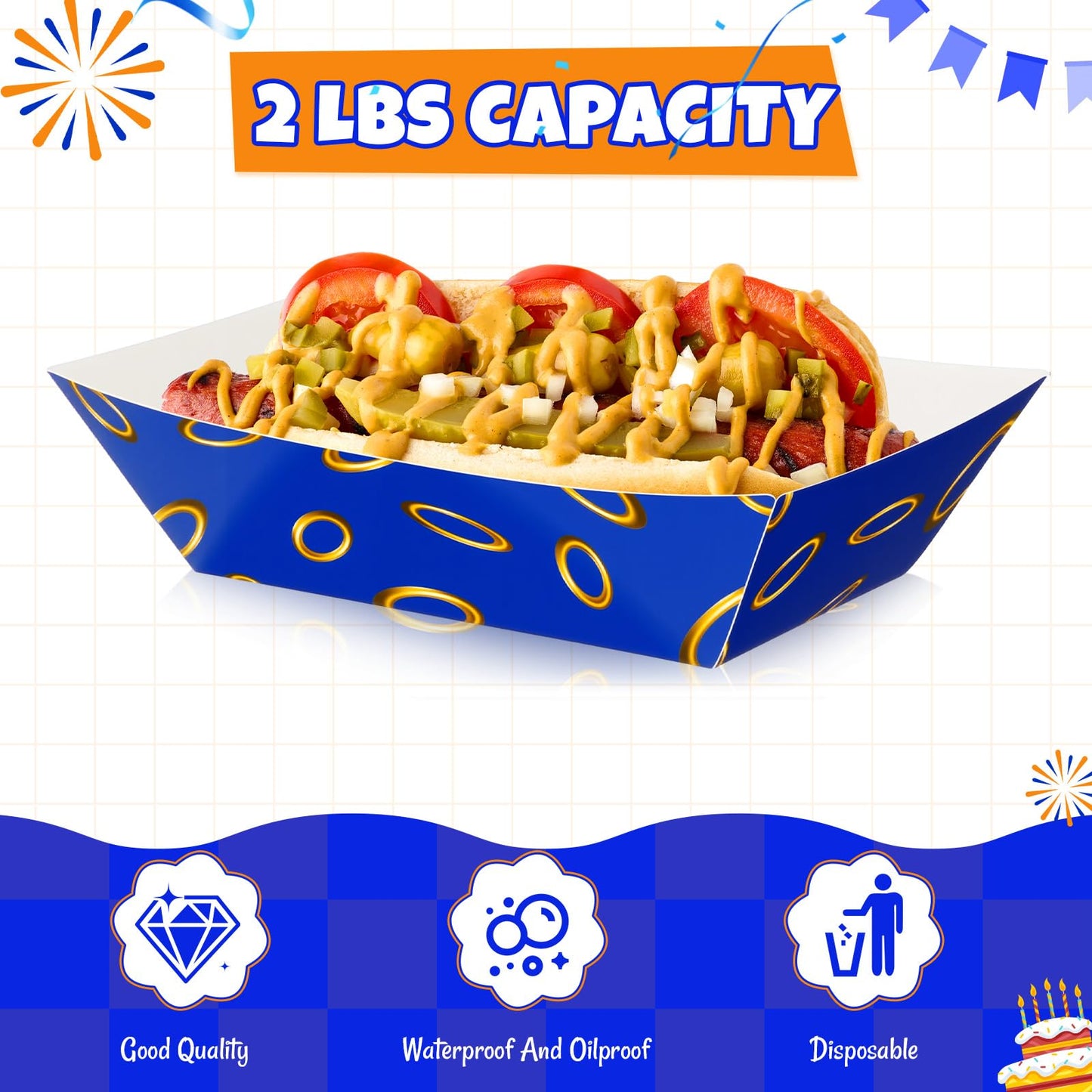 Baderke 100 Pcs Video Game Party Favors Paper Food Trays Boat 2lb Blue with Gold Ring Print Themed Disposable Nacho Trays Video Game Kraft Paper Boat for Christmas Tacos Concession for Birthday Party