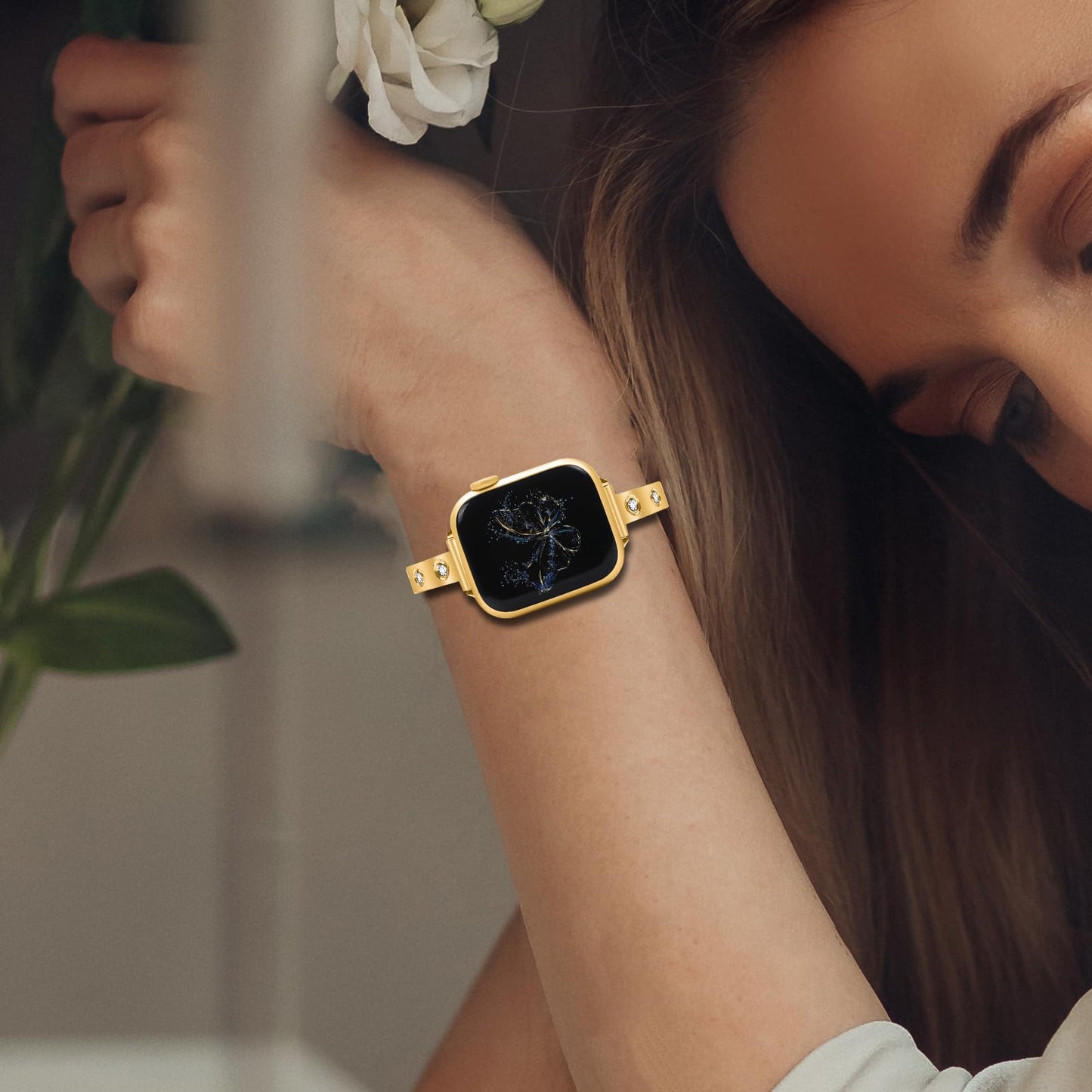YouthRun Stainless Steel Band Compatible with Apple Watch 38mm 40mm 41mm 42mm 44mm 45mm 46mm 49mm Pretty Luxury Strap with Sparkle Diamond, Dressy iWatch Bracelet, Bling Thin Band for Women (Gold)