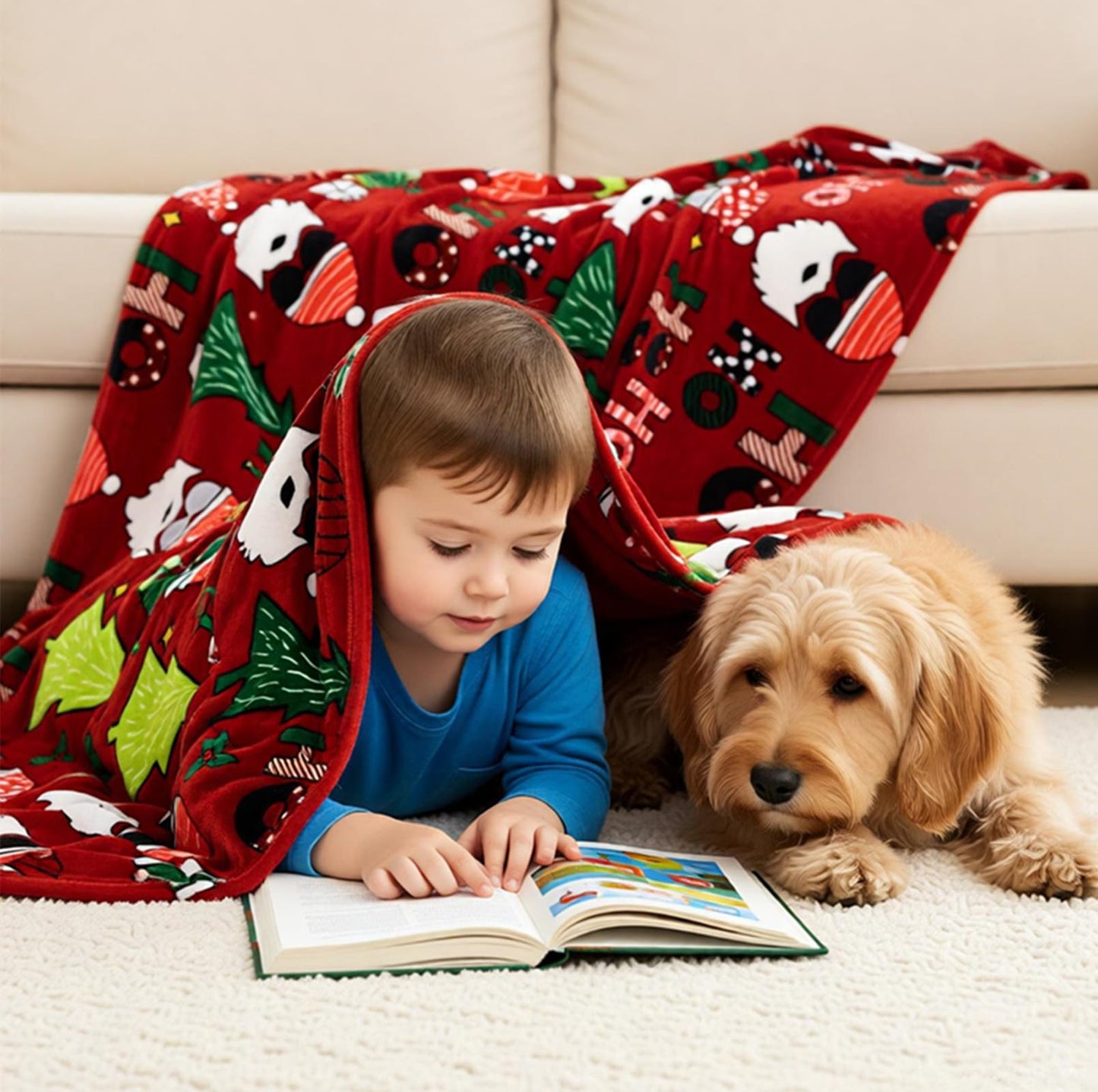 Christmas Throw Blanket, Santa Claus Christmas Tree Printed Fleece Blanket, Soft, Plush, Warm Winter Cabin Bed Throw, 50x60