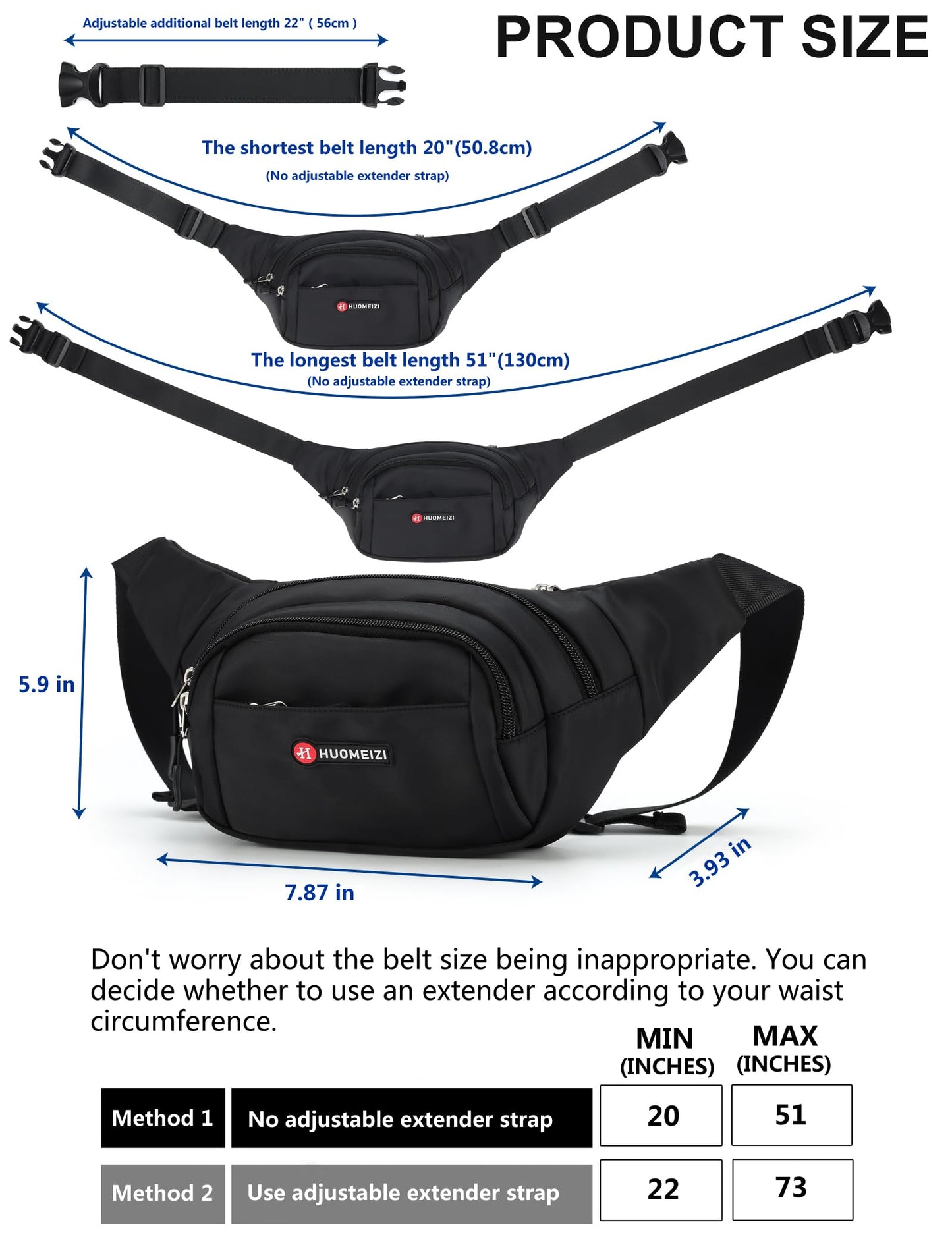 HuoMeizi Fanny Pack Men Women Plus Size with Extender Strap 70",Extra Large Crossbody Waist Bag with Adjustable Belt, Fashion Hip Bum Bag for Outdoors Workout Traveling Casual Hiking Walking Cycling