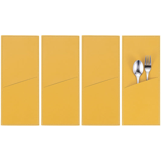 uxcell 4 Pcs Leather Cutlery Sleeve Silverware Utensil Holders Knife and Fork Bag Pouch Flatware Storage Sleeves for Dinner Table Home Kitchen Table Decoration, Yellow
