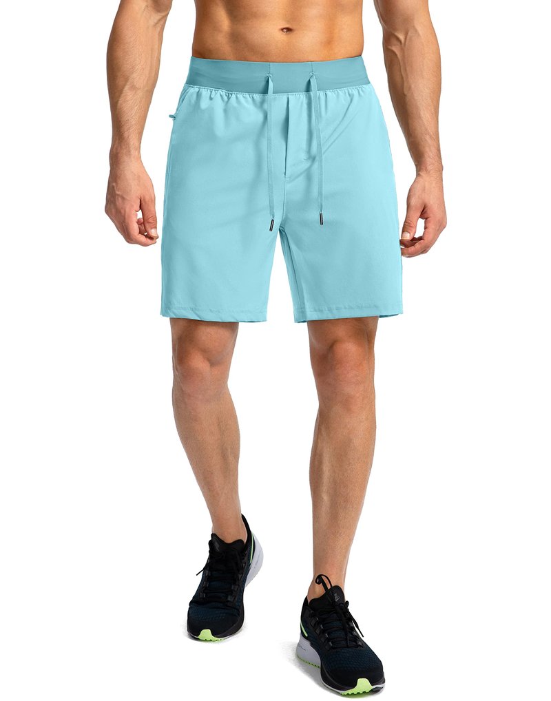 Soothfeel Men's Running Shorts with Zipper Pockets 7 Inch Lightweight Quick Dry Gym Athletic Workout Shorts for Men (Light Blue, XS)