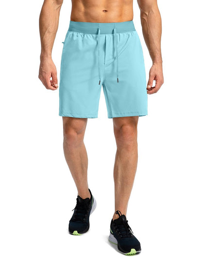 Soothfeel Men's Running Shorts with Zipper Pockets 7 Inch Lightweight Quick Dry Gym Athletic Workout Shorts for Men (Light Blue, L)