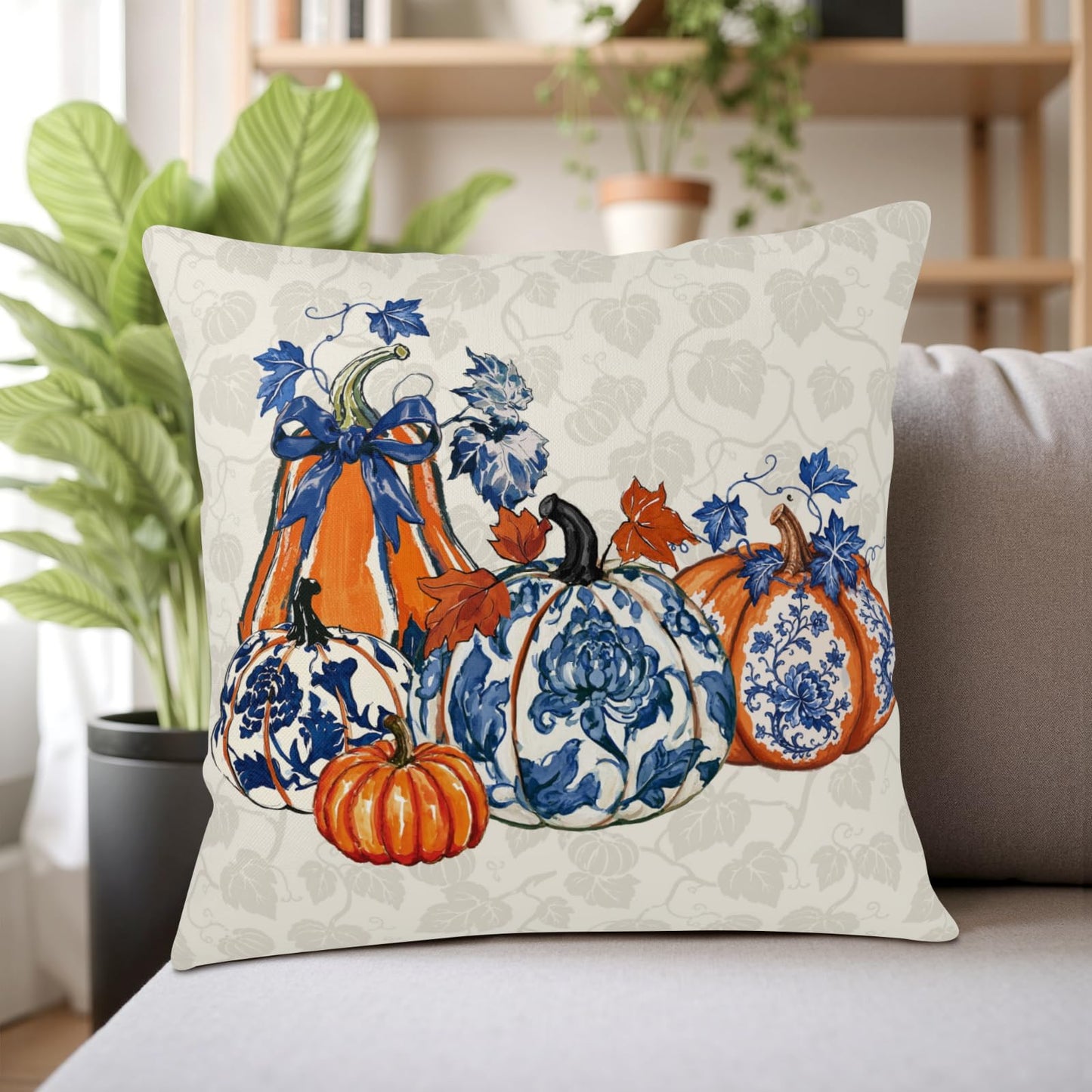 ABSOP Fall Orange Blue Pumpkin Pillow Covers 18x18 Inch Autumn Decorative Throw Pillow Covers Set of 2 Thanksgiving Harvest Pillowcases for Soft Couch Room Decor