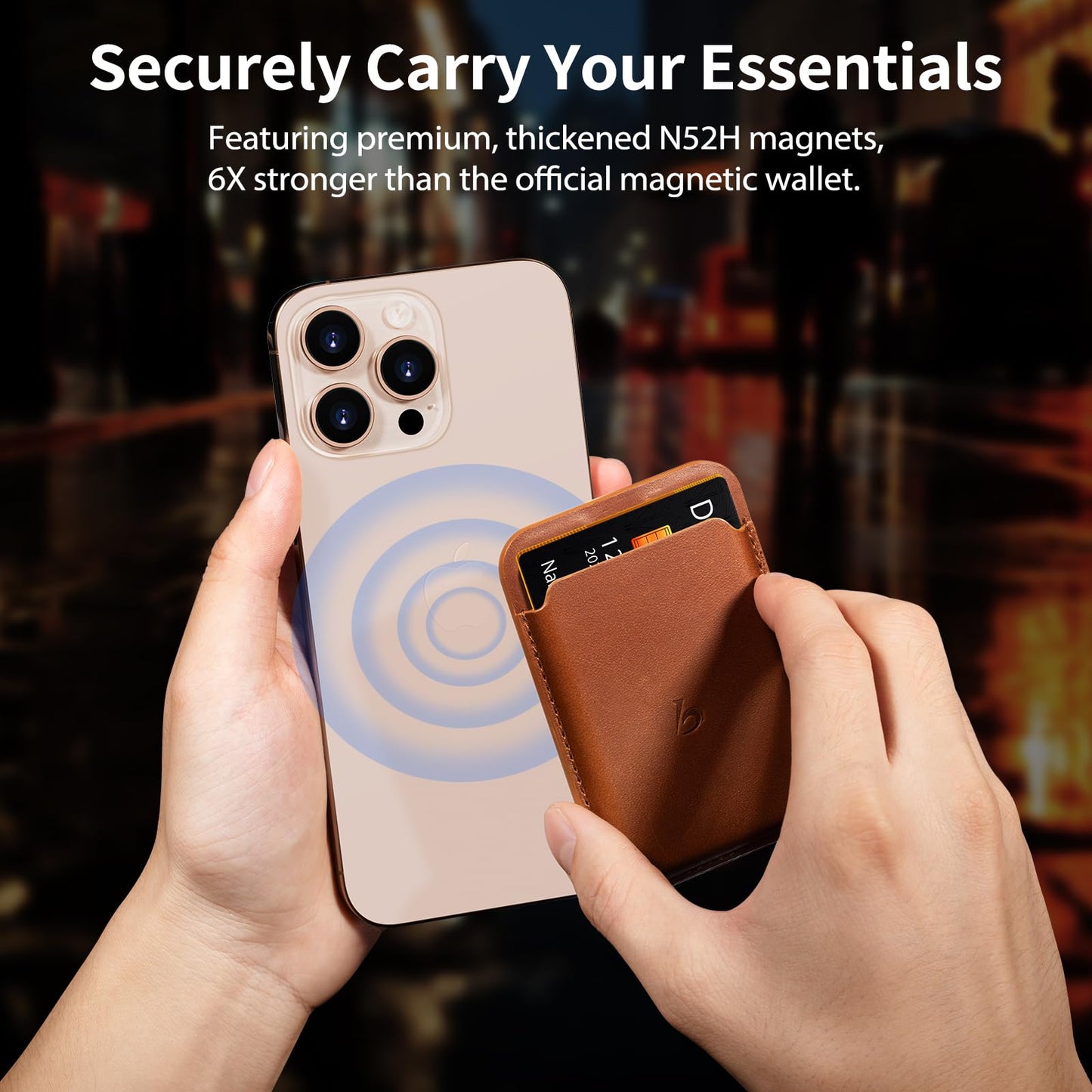 Belemay Strong Magnetic Wallet Compatible with Magsafe, Luxury Minimal Card Holder for 1-2 Cards, Premium Full-grain Smooth Leather Compatible with iPhone 17/16/15/14/13/12 series&MagSafe cases, Brown