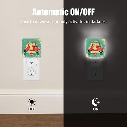 Hipster Vintage with Red Retro Bike Night Light, Dusk to Dawn Smart Sensor Nightlight for Bedroom Bathroom Kitchen Hallway Stairs Hallway, Plug-in, Energy Efficient Decor Desk Lamp Gifts