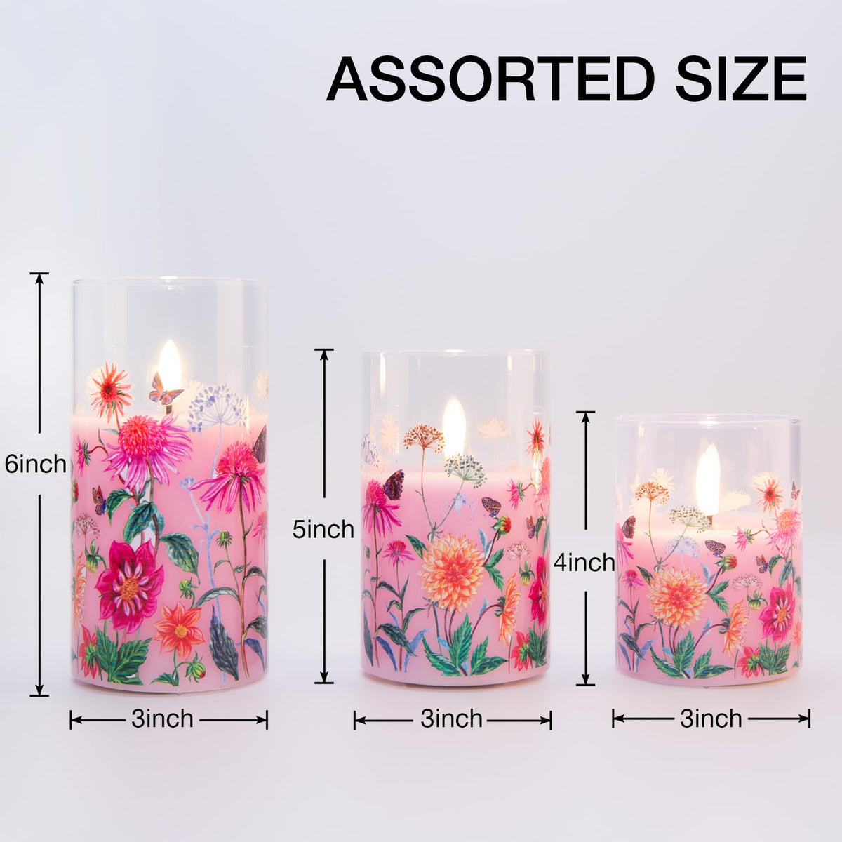 Girimax Pink Floral Glass Flameless Pillar Candles with Remote, Flickering Spring LED Battery Candles Home Decor Set of 3