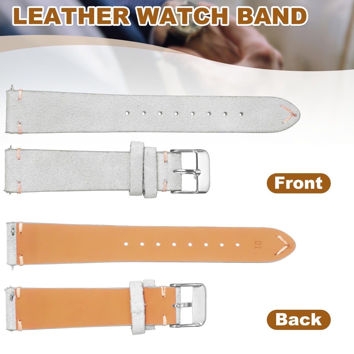 HARFINGTON Leather Watch Band 19mm Width Watch Strap Top-Grain Suede Cowhide Wrist Bands Replacement with Stainless Steel Buckle for Men Women, Light Gray