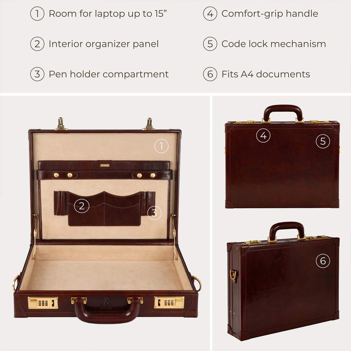 Time Resistance Leather Attache Case - Full Grain Italian Leather Briefcase - Laptop Bag up to 15” - Hard Case with Lock (Brown)