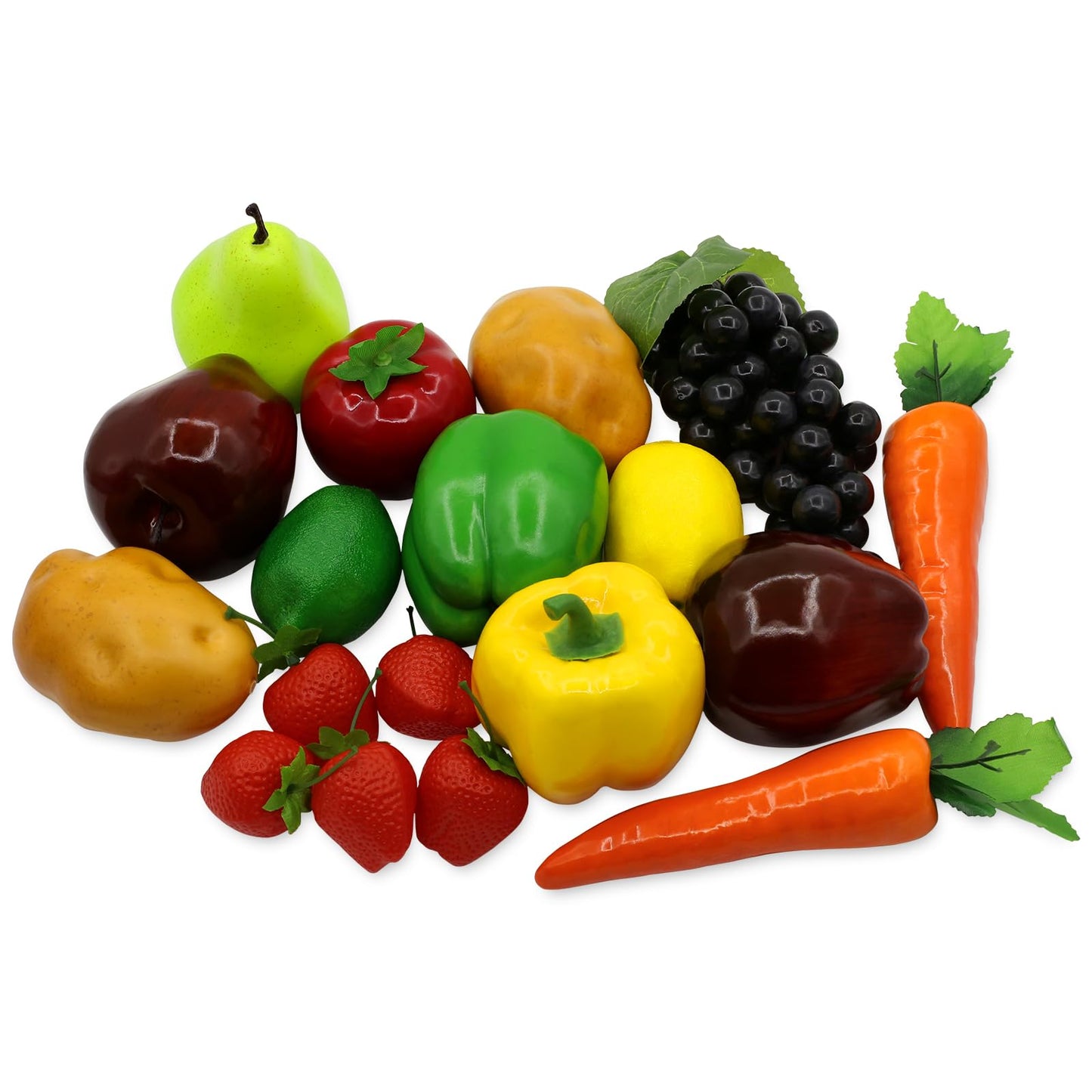 18Pcs Fake Fruits Vegetables Realistic Artificial Frutis Foam Decoration Faux fruit Lifelike Simulation Vegetable for Home Kitchen Festival Ornament Bell Peppers Strawberry Carrots Plastic Lemon