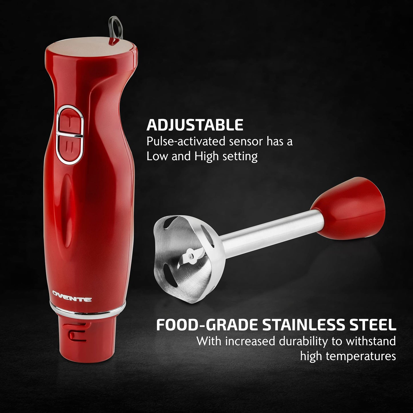 OVENTE Immersion Hand Blender, 300W Electric Handheld Portable Stick Mixer with 2 Mixing Speed and Stainless Steel Blades for Effortless Blending Smoothies, Shakes, Puree or Baby Food, Red HS560R
