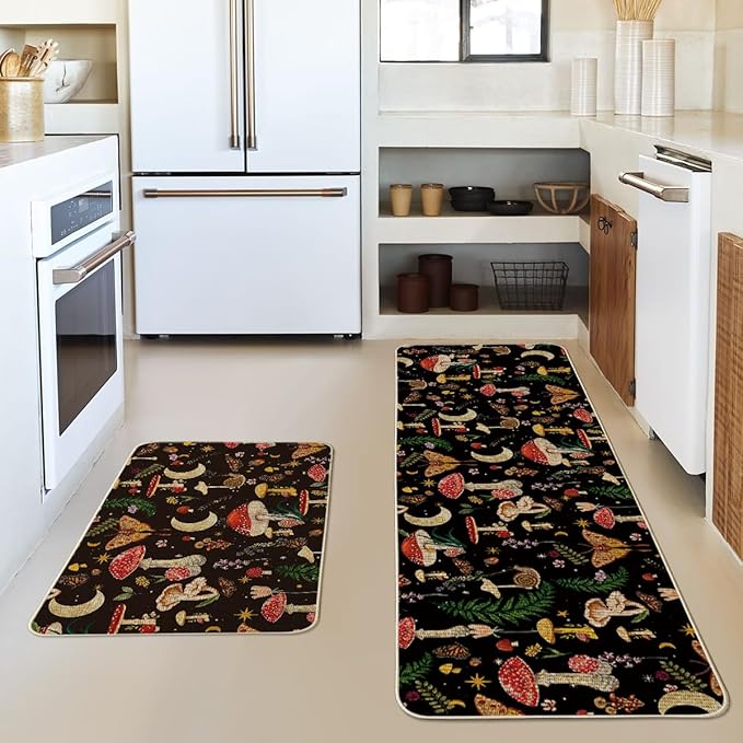 Artoid Mode Black Mushrooms Butterfly Spring Kitchen Mats Set of 2, Home Decor Low-Profile Kitchen Rugs for Floor - 17x29 and 17x59 Inch