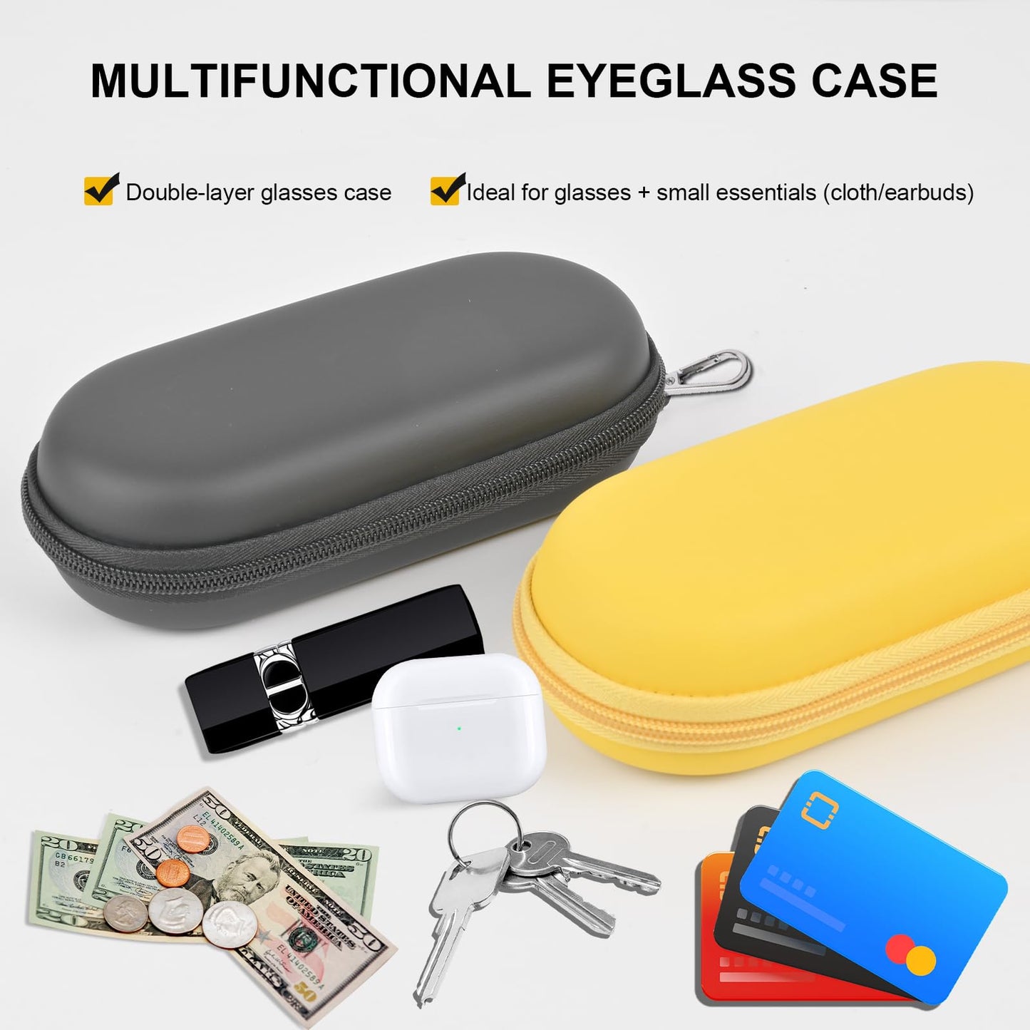 popolov Double Glasses Case,Dual Eyeglasses & Sunglasses Organizer with Clip Zipper Closure for Travel 2 Pairs Storage Box Black
