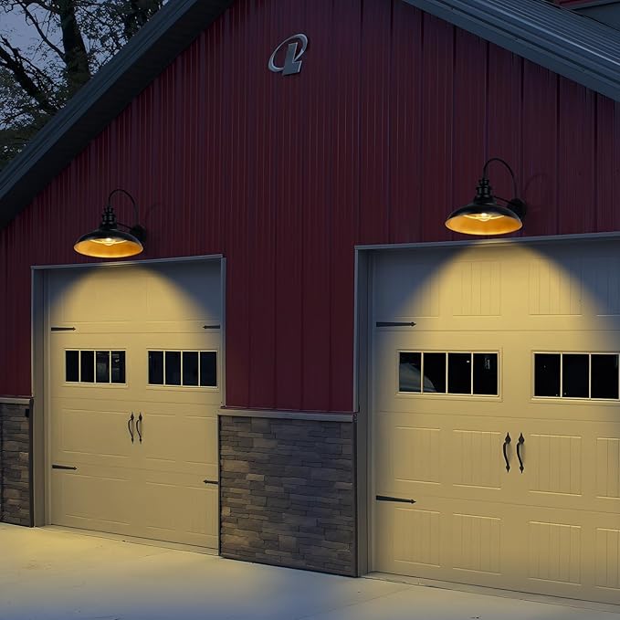 Outdoor Barn Light Fixtures, 16 Inch Large Dome Farmhouse Exterior Wall Mount Lights, Rustic Gooseneck Wall Sconces Indoor Wall Lighting, Industrial Black Gold Lanterns for Porch, Garage, 2 Pack
