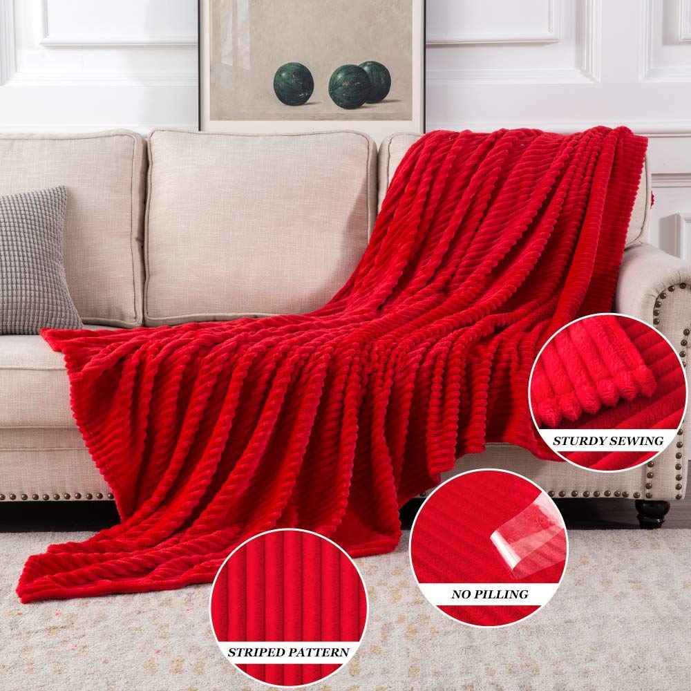 MIULEE Red Fleece Throw Blanket for Couch 300GSM Super Soft Lightweight Plush Striped Blanket, Christmas Warm Cozy Breathable Ribbed Flannel Throws for Bed/Sofa, 50"x60"