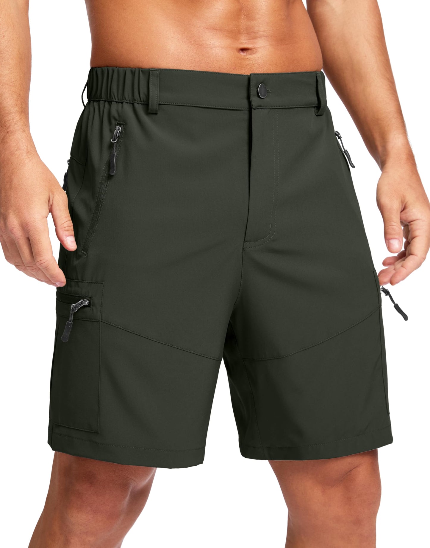 Pudolla Men's Hiking Cargo Shorts Lightweight 7" Travel Casual Shorts for Men Golf Work Outdoor with 5 Zipper Pockets(Army Green Medium)