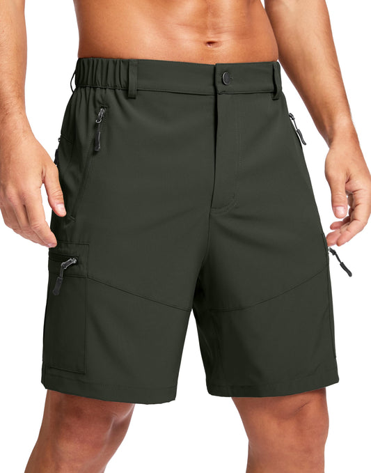 Pudolla Men's Hiking Cargo Shorts Lightweight 7" Travel Casual Shorts for Men Golf Work Outdoor with 5 Zipper Pockets(Army Green Medium)