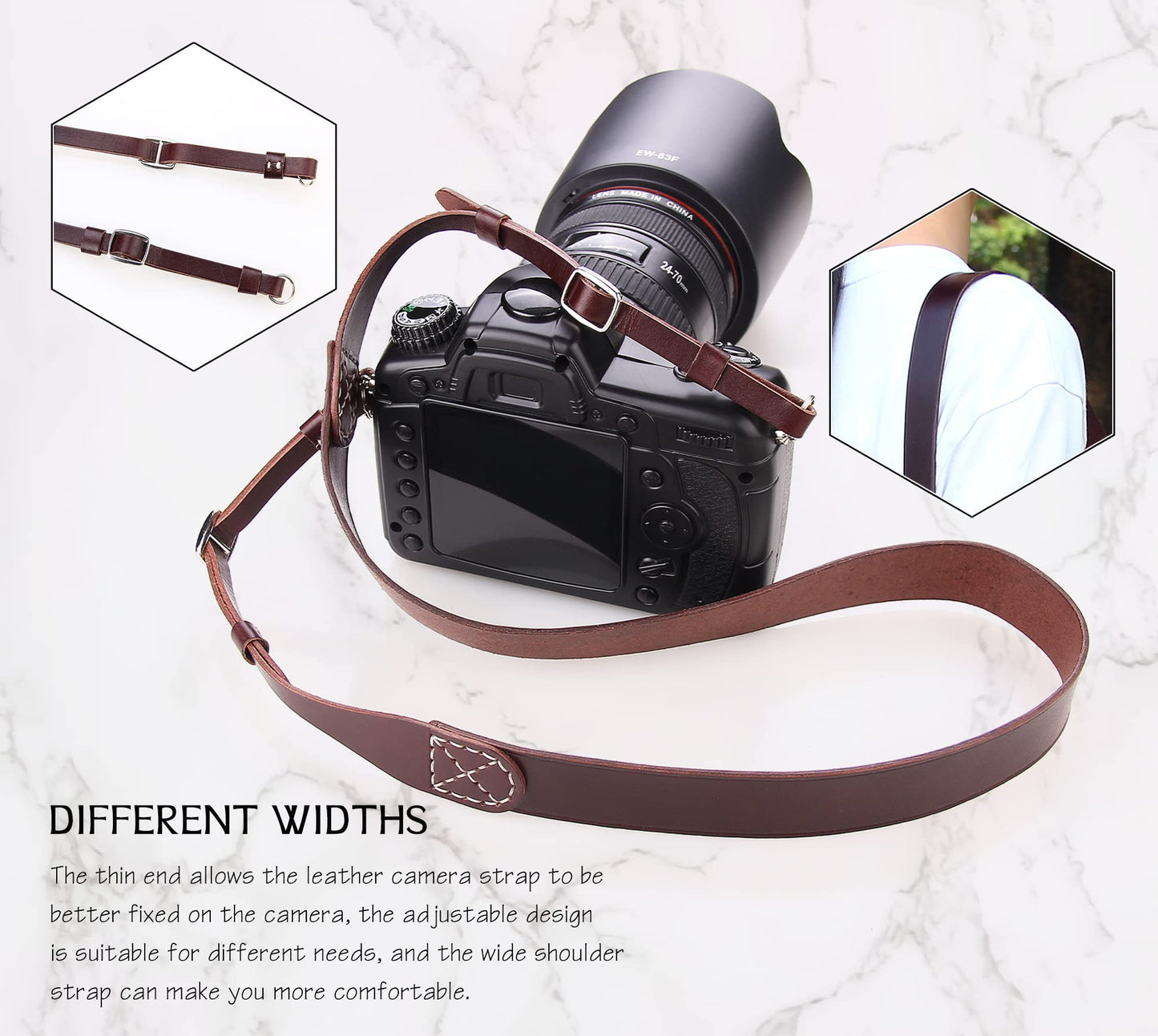 MY MEMORY Handmade Genuine Leather Camera Strap,Adjustable Camera Neck Shoulder Strap for All SLR and DSLR-Dark Brown