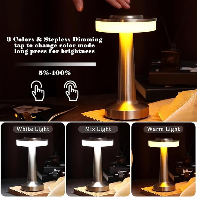 Riakrum Set of 2 LED Portable Cordless Table Lamp with Touch Sensor 3 Color Stepless Dimming Rechargeable Battery up to 15 Hours Cordless Table Light Wireless Lamp for Nursery(Silver,4 Pcs)