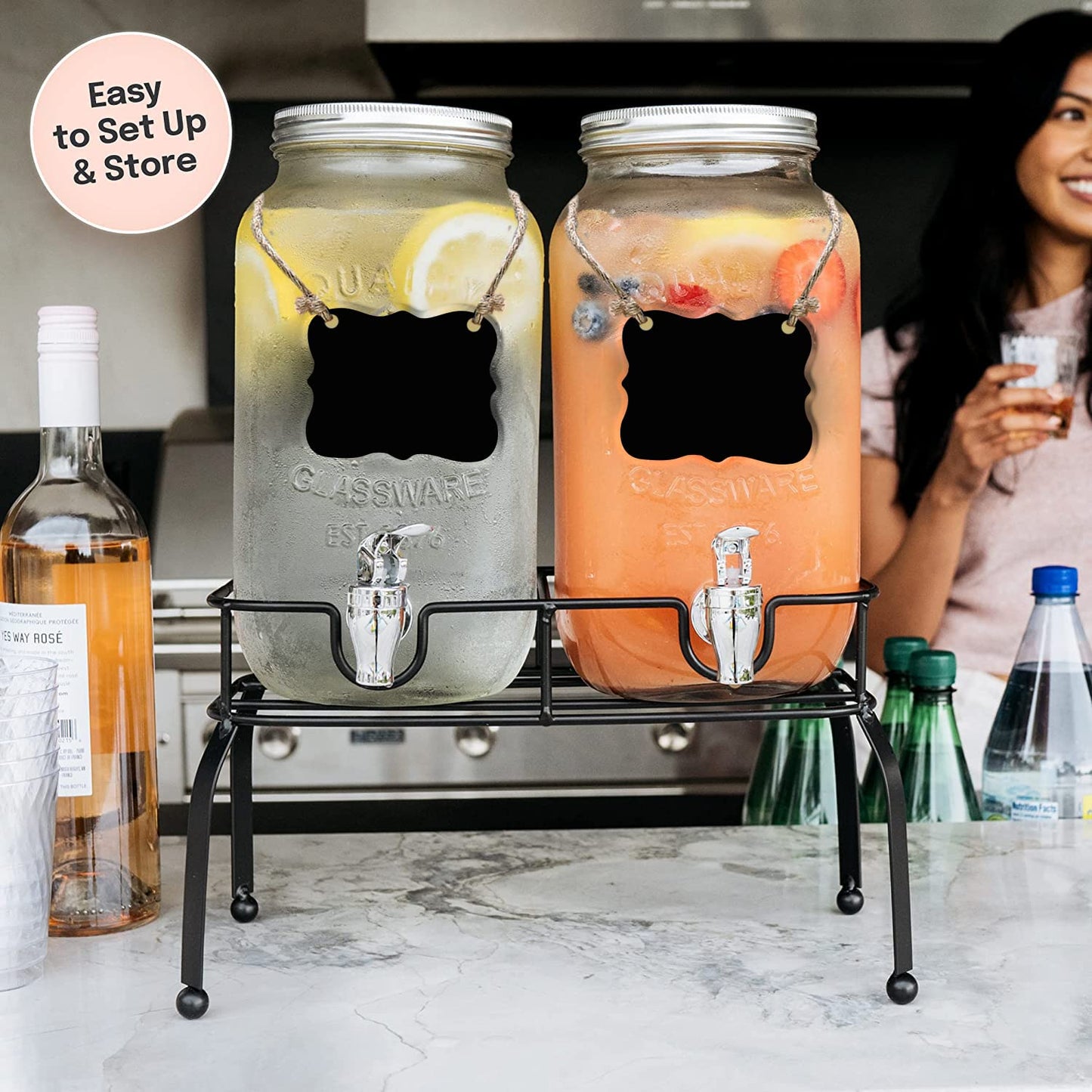 Estilo Glass Drink Dispenser for Parties - Set of 2-1 Gallon Halloween Drink Dispenser with Stand, Glass Water Dispenser Countertop for Weddings, Sun Tea Jar, Lemonade & Laundry Detergent Dispenser