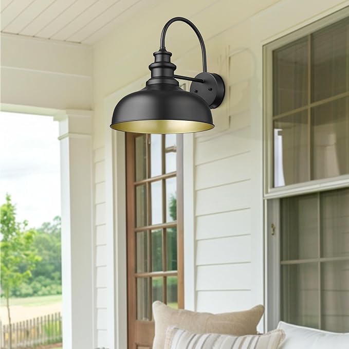 Bestshared Large Outdoor Farmhouse Barn Lights 16 Inch Dome Outdoor Wall Lantern Industrial Wall Sconces Exterior Gooseneck Mount Light,Vintage Outdoor Lighting Fixture (2Pack, Black+ Gold)