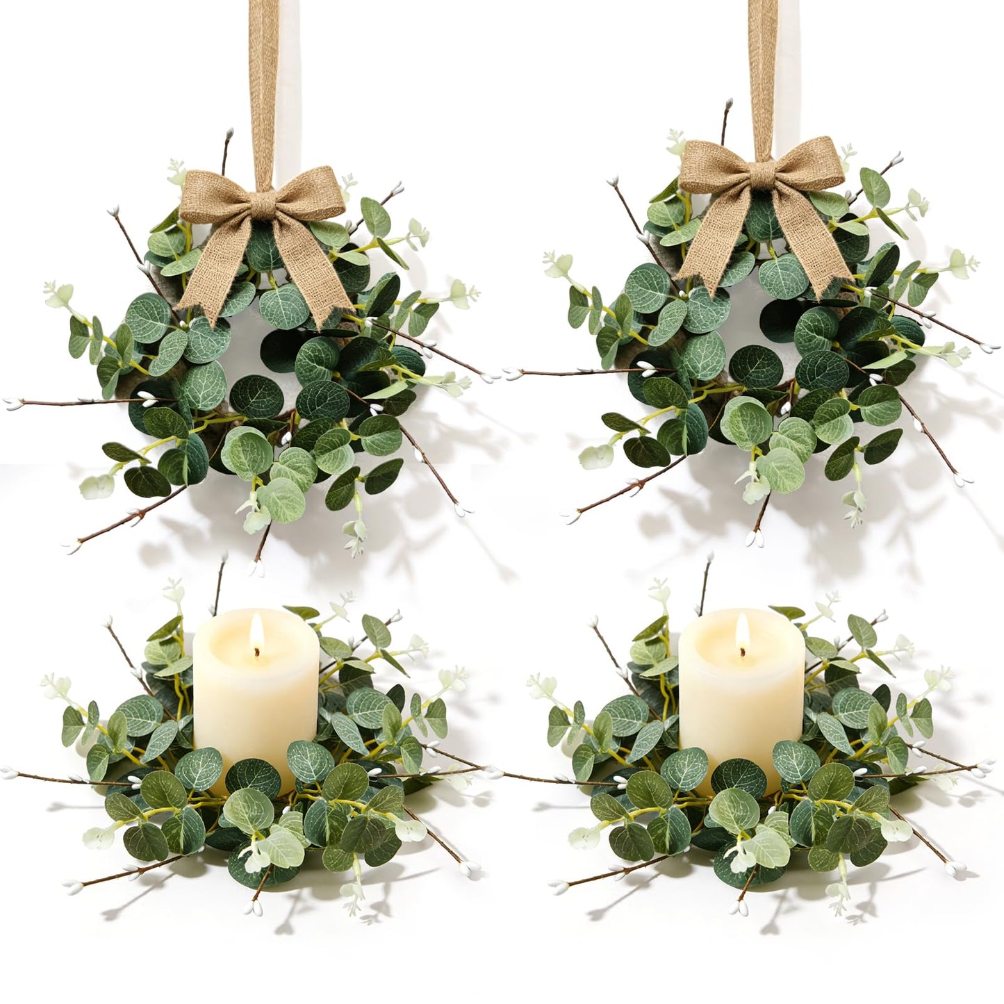 4 Pcs Small Spring Summer Candle Ring Wreaths with Artificial Eucalyptus Greenery White Buds Branches Mini Pillar Candle Holder Wreath for Home Table Centerpieces Kitchen Wedding Farmhouse Party Decor