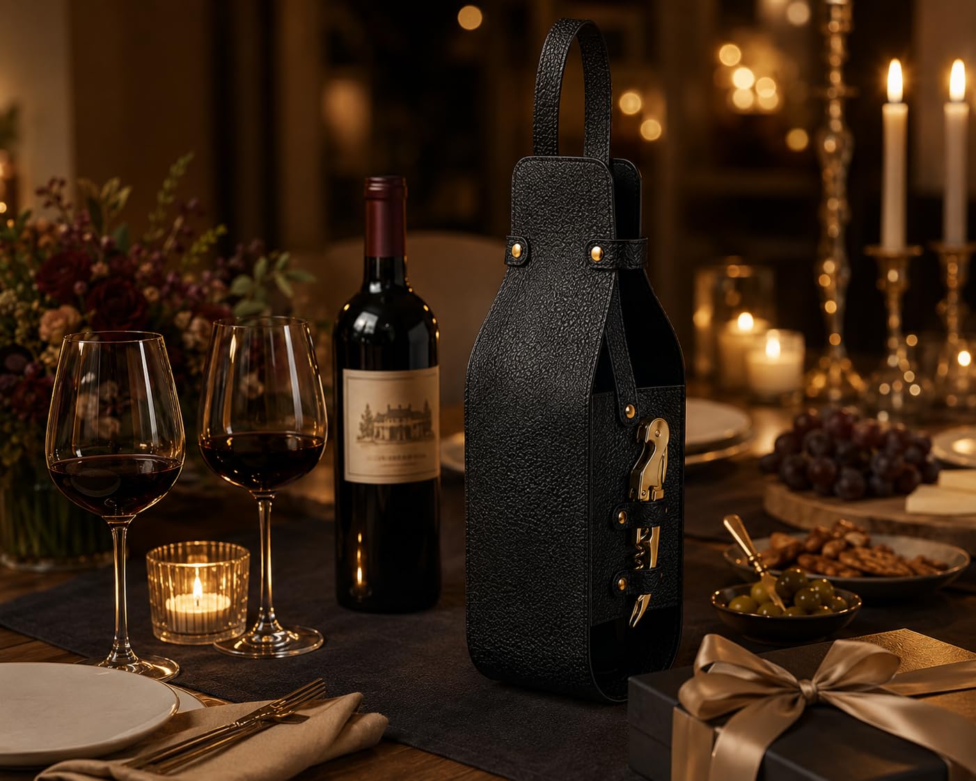 Wine Gift Bag with Wine Opener - Vegan PU Leather Single Bottle Luxury Wine Bag with Corkscrew - Elegant Wine Carrier for Travel, Picnic, Birthday, Housewarmings, Anniversaries Wedding Gifts