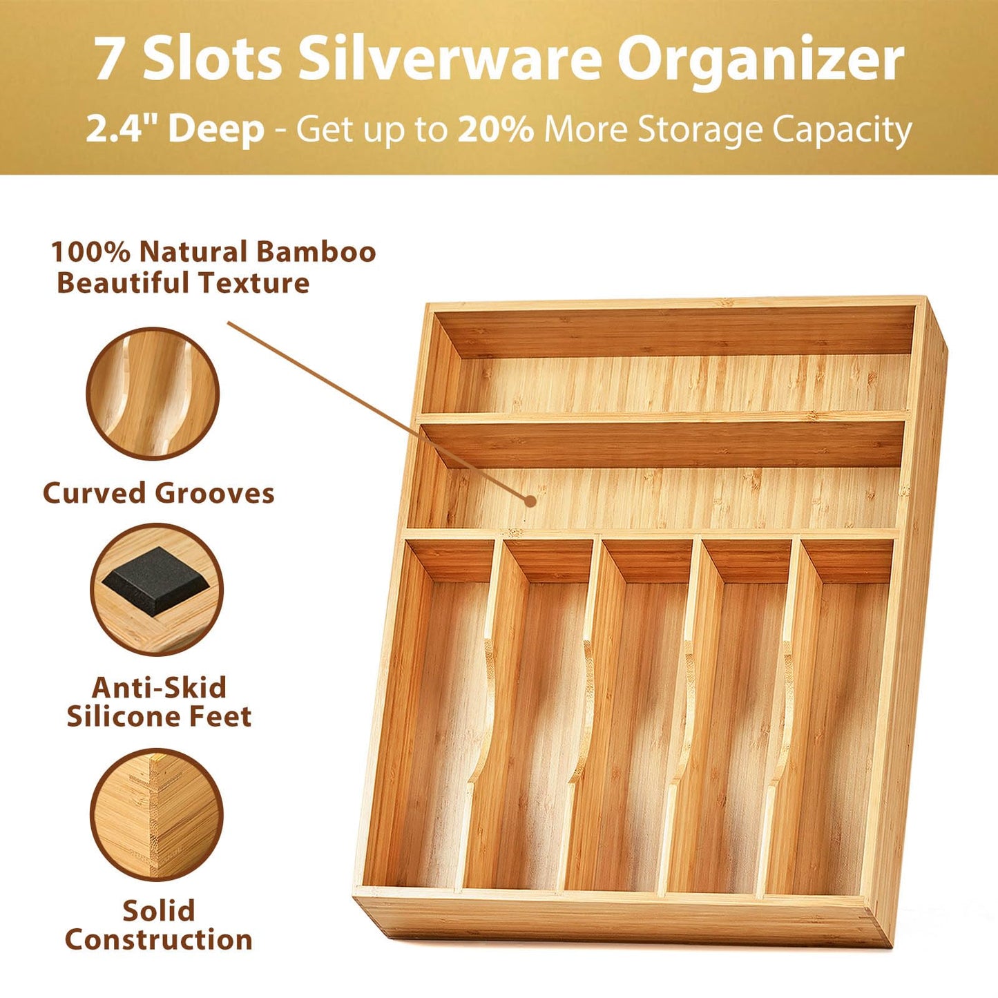 Umilife Bamboo Kitchen Drawer Organizer, 13 Inch Silverware Utensil Tray Holder, Extra Deep Grooved Drawer Divider, 7 Slots Total Bamboo Wood Caddy for Flatware Cutlery Knives, Forks, Spoons