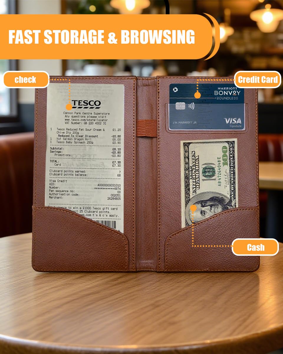 Goodsmart Check Presenters for Restaurant, PU Leather 5 Packs Guest Check Book Waitress Books for Servers (5 Packs, Brown)