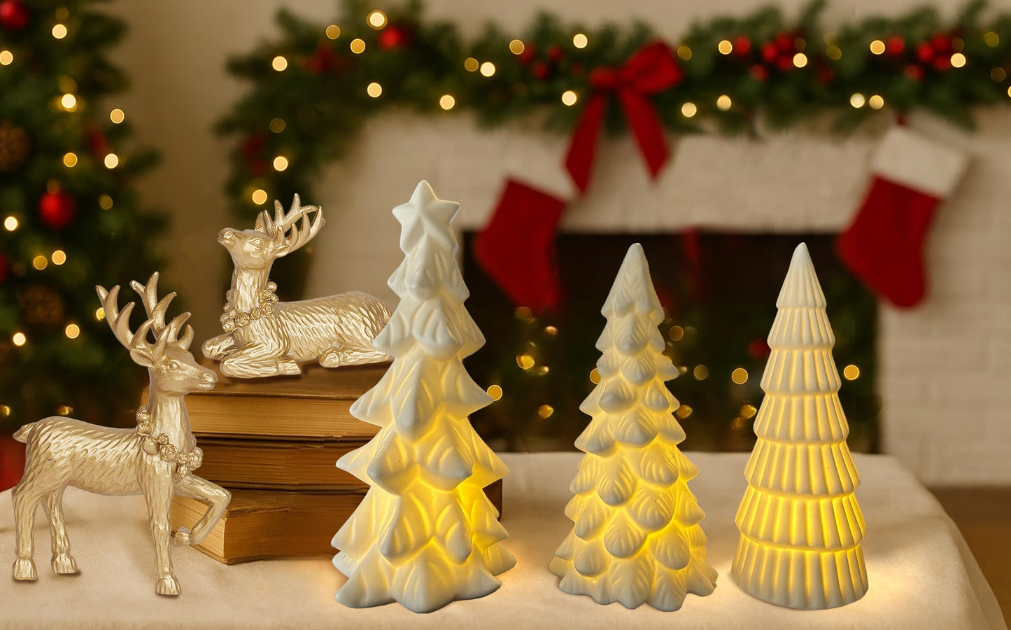 Dlfghos Lighted Ceramic Christmas Tree Decor 3Pcs Small White Christmas Trees with Lights Xmas Tree Figurines for Tabletop Mantel Shelf Fireplace Holiday Decorations for Home and Gift