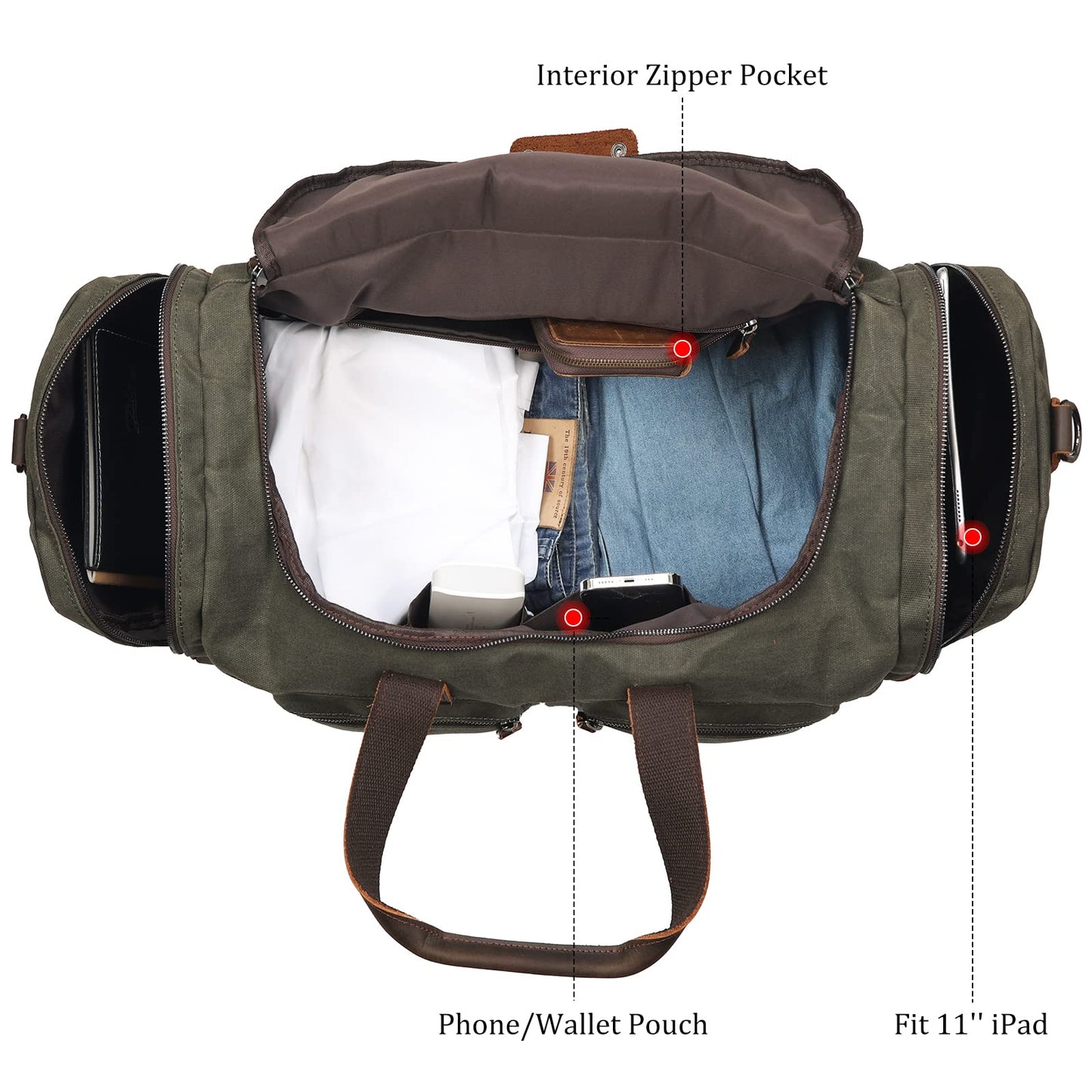 Polare 23” Waxed Canvas Cowhide Leather Waterproof Travel Duffel Bag Trim Luggage Weekender Overnight Carry on Hand Bag