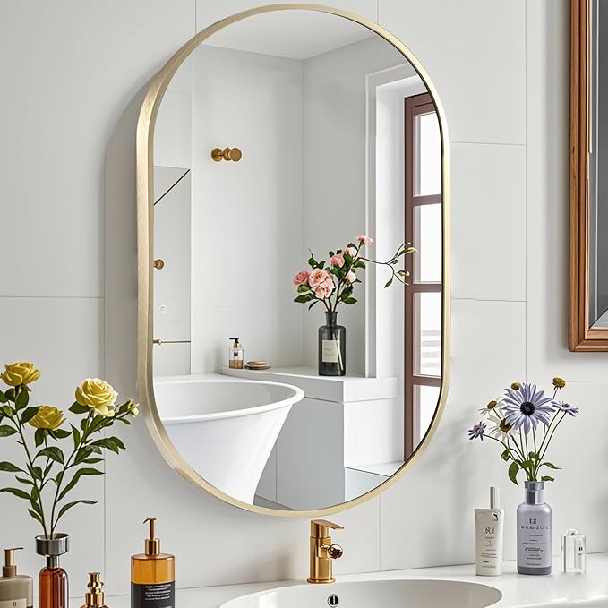 26x38 inch Oval Bathroom Mirror, Gold Vanity Wall Mirror with Brushed Metal Frame, Oval Mirrors for Bathroom, Entryway, Over Sink, Living Room