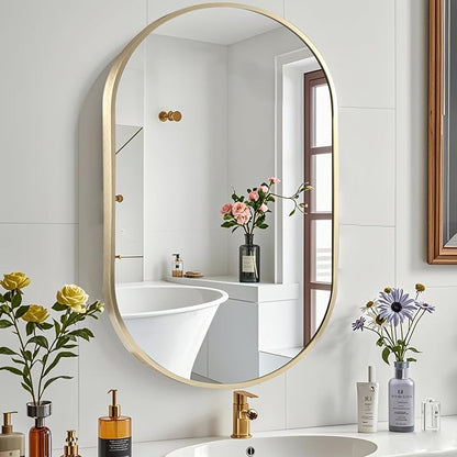 17x30 inch Oval Bathroom Mirror, Gold Vanity Wall Mirror with Brushed Metal Frame, Oval Mirrors for Bathroom, Entryway, Over Sink, Living Room