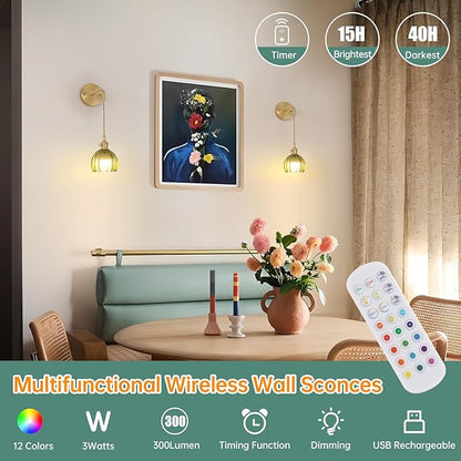 Battery Operated Wall Sconce with Green Tulip Shade Pattern Glass Adjustable Chain Retro Gold Wall Mounted Light, Modern Wall Decor for Bedside Bedroom Indoor Doorway， Set of 2