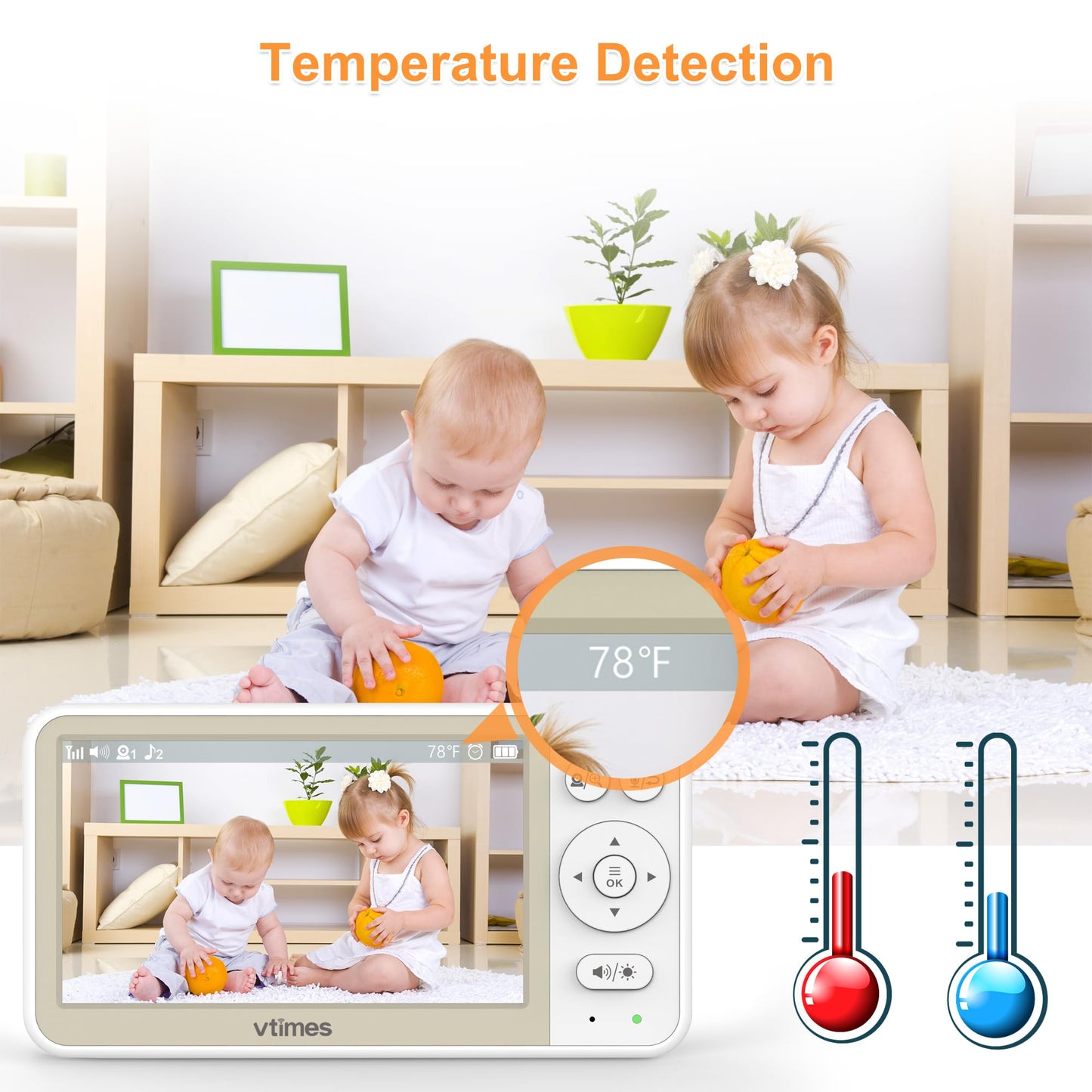 VTimes 5'' Screen Video Baby Monitor with Camera and Audio, 32-Hour Battery, Baby Monitor No WiFi Remote Pan-Tilt-Zoom VOX, Two-Way Talk Night Vision Temperature Display Alarm 8 Lullabies and 1000ft